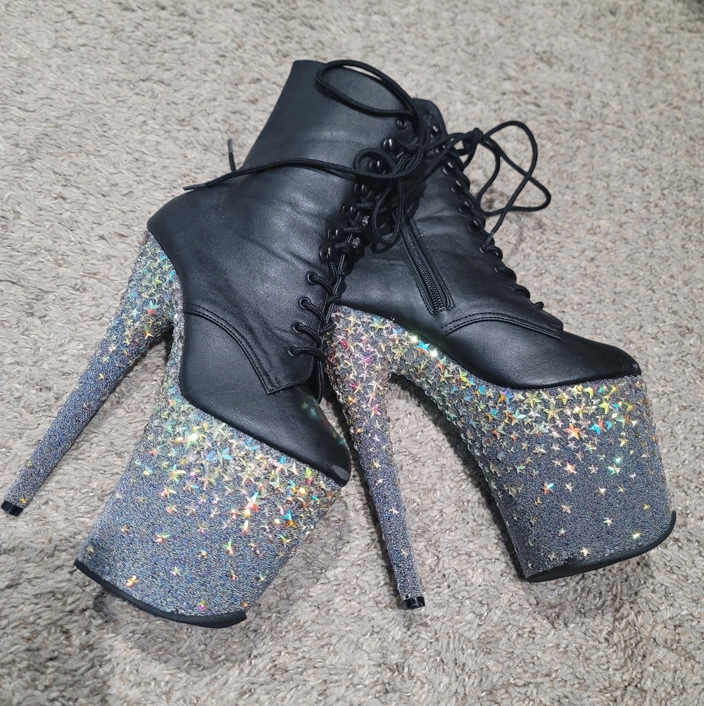 Pleaser Flamingo Black Leather Holographic Starsplash Stiletto Heel Boots 7
